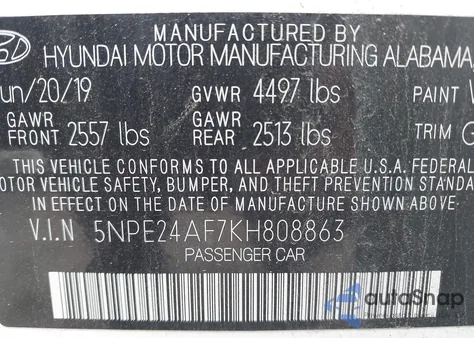 2019 Hyundai Sonata Se z USA, uszkodzony, nr VIN 5NPE24AF7KH808863